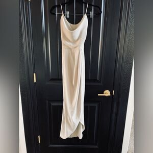 Shona Joy Silky Cowl Neck Midi Dress Crisscross Back in Oyster | Size 6